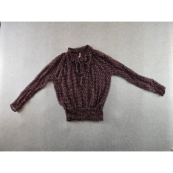 Free People Tops - Free People Silk Blouse Women XS Burgundy Geometric Tie Neck Smocked Waist Top